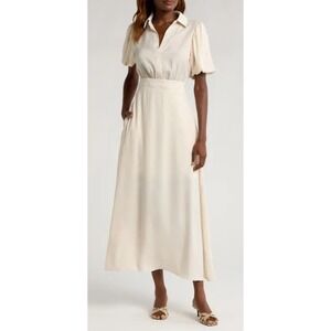 Melloday XL Satin Shirtdress‎ With Bubble Sleeves Bone Beige Collared NWT